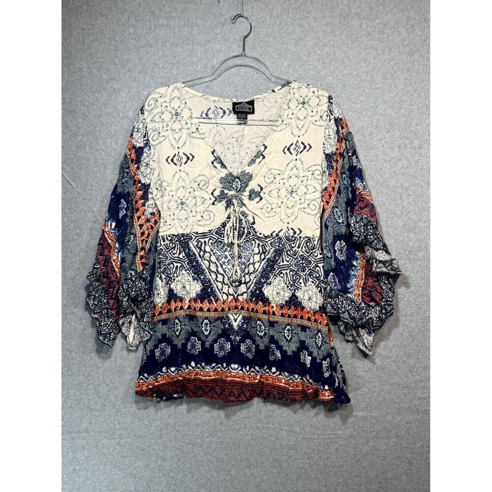 Angie Tunic‎ Top Women's Medium Multicolor Floral V-Neck Bell Sleeve Pullover